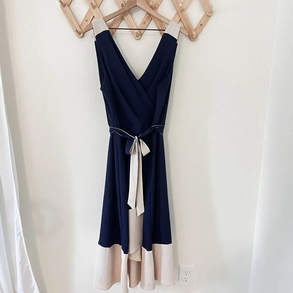 DKNY Colorblocked Belted Faux-Wrap Dress Navy Beige Size 16 - Picture 2 of 10